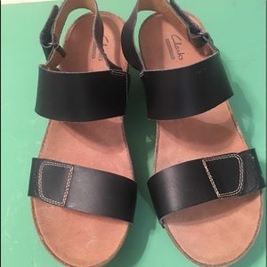 Black leather wedges